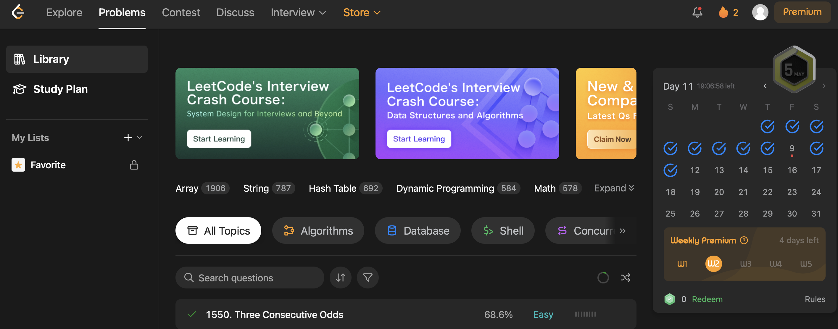 LeetCode Daily Challenge tracks the streak and motivates me to check in every day. The daily problem appears at the top of the list. For example, today's is No. 1550.