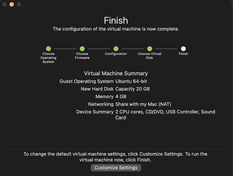 VMware Fusion's default settings for a 64-bit Ubuntu VM. Most options are locked. "Customize Settings" button is only for changing the name of VM.